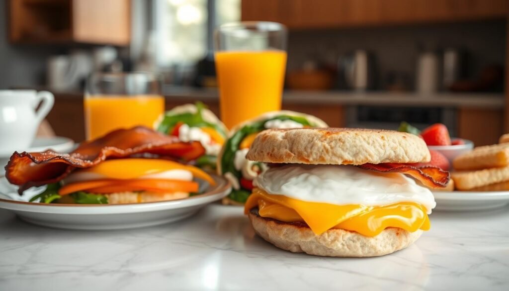 A beautifully arranged breakfast table featuring a variety of enticing breakfast sandwiches. In the foreground, a classic bacon, egg, and cheese sandwich on a toasted English muffin, glistening with a touch of melted cheese and crispy bacon. Beside it, a colorful vegetable wrap with spinach, bell peppers, and a creamy spread peeking out. The middle layer captures a fresh orange juice in a stylish glass, accompanied by a small bowl of fresh fruit. The background showcases a warm and inviting kitchen with soft morning light streaming through a window, highlighting the textures of the food. The scene conveys a cozy, satisfying morning atmosphere, perfect for enjoying a delicious breakfast. The angle is a slightly elevated shot, making all elements visible and inviting.