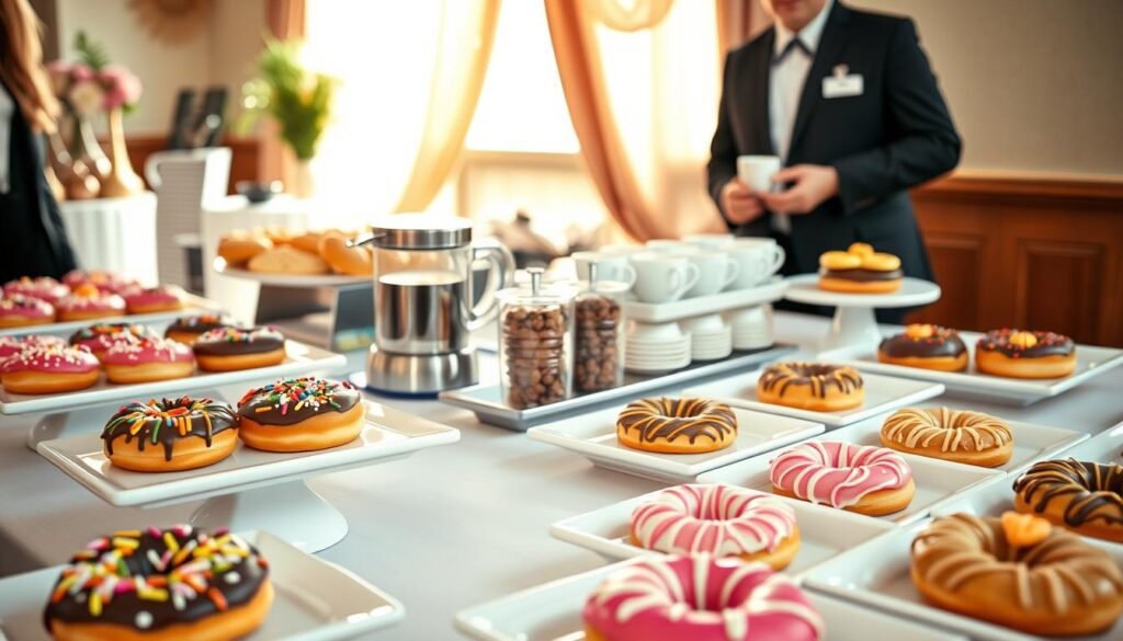 A beautifully arranged catering table showcasing Dunkin Donuts treats for an event. In the foreground, an assortment of colorful donuts, neatly displayed on elegant white platters, with sprinkles and various toppings glistening under soft, warm lighting. In the middle, freshly brewed coffee in stylish containers, surrounded by cups and saucers. Background includes subtle elements of a festive setting, like tasteful decorations and soft draping fabric, enhancing the inviting atmosphere. The scene is well-lit with natural light pouring in from a nearby window, creating a welcoming and cheerful mood. A professional business-casual setting with well-dressed servers attending to guests adds to the engaging environment, emphasizing the appeal of Dunkin Donuts catering for special occasions.