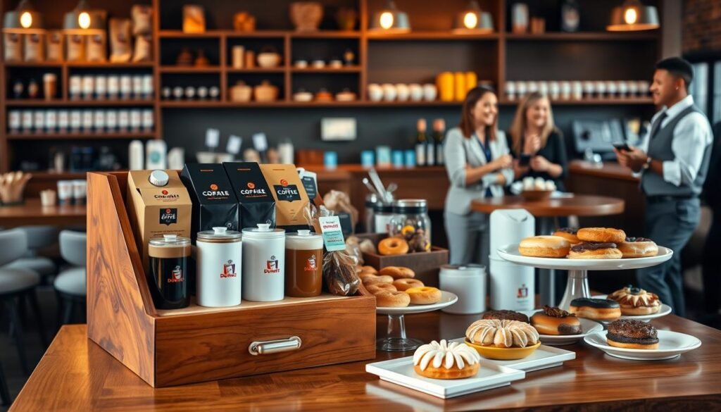 A beautifully arranged coffee box featuring an array of Dunkin’ Donuts catering items. In the foreground, a sturdy, stylish wooden table displays a large, vibrant coffee box filled with assorted flavors, including classic drip coffee, specialty lattes, and iced coffee options, each with elegant creamers and sugar packets neatly presented. In the middle ground, a selection of donuts and pastries are artfully arranged on white platters, showcasing their appetizing colors and textures. The background features soft-focus café elements like a cozy coffee shop ambiance with warm, inviting lighting, wooden shelves filled with coffee bags, and cheerful people in professional attire enjoying the offerings. The atmosphere is lively and welcoming, perfect for a catering event. The image is shot from a slightly elevated angle to capture the entire setup, emphasizing the abundance and inviting nature of the coffee box.