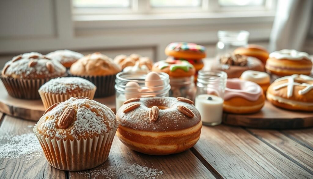 A beautifully arranged display of baked goods on a rustic wooden table, showcasing a variety of items like muffins, donuts, and cookies, with their common allergens labeled visually. In the foreground, highlight a close-up of a muffin with almonds and a nut-free donut to demonstrate the contrast. The middle features various baked goods dusted with powdered sugar and decorated with colorful icing, alongside small glass jars containing visual representations of allergens such as flour, nuts, eggs, and dairy products. In the background, softly diffused natural light streams through a window, creating a warm and inviting atmosphere. The lens captures a slight depth of field, emphasizing the texture of the baked goods while gently blurring the background. The overall mood is informative yet enticing, ideal for educating readers about allergen identification in baked goods.