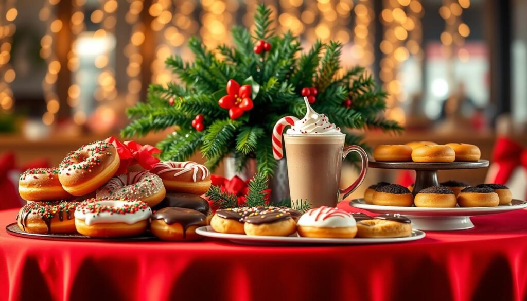 A beautifully arranged holiday menu display featuring a variety of festive treats from Dunkin Donuts. In the foreground, a tall, elegant table is adorned with a vibrant red tablecloth, showcasing an assortment of holiday-themed donuts topped with colorful sprinkles, a peppermint mocha latte in a festive cup, and a plate of seasonal pastries. In the middle, a cheerful arrangement of holly and pine branches enhances the festive atmosphere. The background features soft, warm lighting that creates a cozy ambiance, with bokeh effects of dangling Christmas lights in soft focus. The overall mood is joyful and inviting, perfect for celebrating the holiday season, evoking feelings of warmth and togetherness.