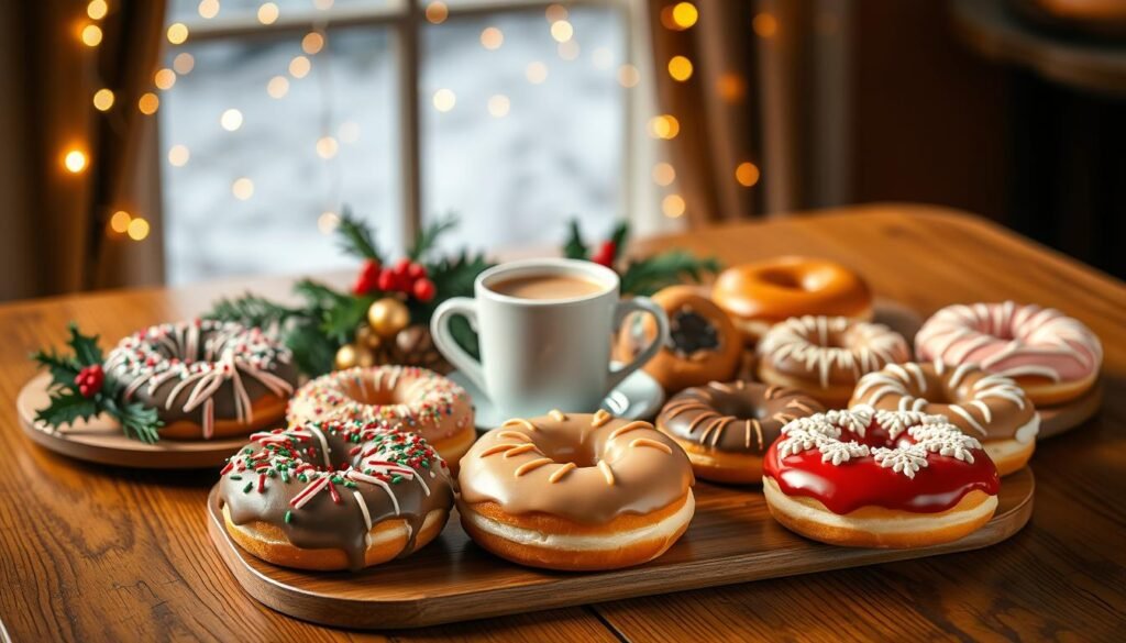 A beautifully arranged holiday menu showcasing Dunkin' Donuts festive offerings. In the foreground, an elegant wooden table displays a colorful assortment of holiday-themed donuts, including peppermint mocha and gingerbread flavors, adorned with sprinkles and icing. The middle ground features a steaming cup of seasonal coffee, surrounded by festive decorations like sprigs of holly and miniature ornaments. In the background, soft, warm lighting creates a cozy atmosphere, with twinkling fairy lights and a gently frosted window indicating a winter wonderland. The scene conveys a warm, inviting holiday spirit, perfect for celebrating the festive season at Dunkin' Donuts. Use a slight overhead angle to capture the full spread, enhancing the inviting aesthetic of the menu.