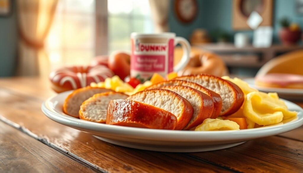A beautifully arranged plate featuring slices of golden-brown turkey sausage, served alongside fluffy scrambled eggs and a side of fresh, colorful fruit. The foreground showcases the turkey sausage on a rustic wooden table, with steam gently rising, hinting at its warmth. In the middle, a vibrant setting includes a Dunkin' Donuts coffee cup and a donut, subtly placed to complement the meal. The background features a cozy breakfast atmosphere with soft morning light streaming in through a nearby window, casting a warm glow. The lens captures a slight depth of field, focusing on the food while softly blurring the background for a dreamy effect. The mood is inviting and cheerful, perfect for a breakfast recommendation.