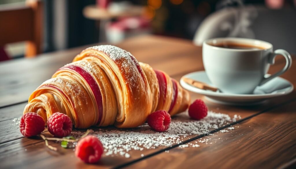 A beautifully arranged raspberry striped croissant, artfully displayed on a rustic wooden table. The croissant features delicate layers with vibrant pink raspberry stripes contrasting against the golden, flaky pastry. In the foreground, a few fresh raspberries and a dusting of powdered sugar add a pop of color and texture. The middle ground showcases a cup of steaming coffee next to a small plate, inviting viewers to savor the moment. Soft, warm, natural lighting illuminates the scene, creating inviting shadows that enhance the richness of the croissant. The background is softly blurred, featuring hints of a cozy café environment with warm colors, enhancing the overall mood of comfort and indulgence perfect for holiday treats.