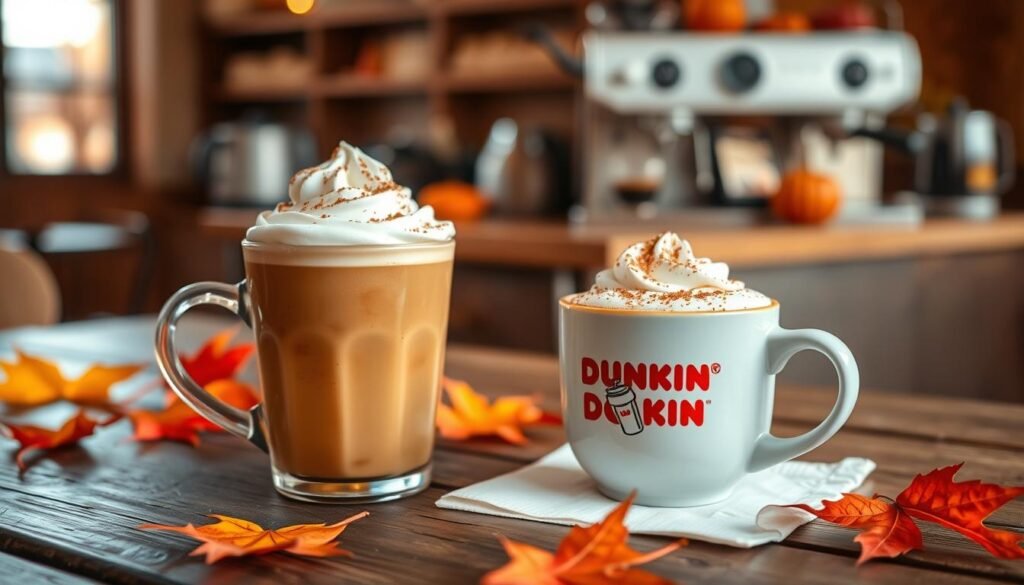 A beautifully composed scene featuring a steaming cup of pumpkin spice latte adorned with a swirl of whipped cream and a light dusting of cinnamon, set against a cozy autumn backdrop. In the foreground, the latte is placed on a rustic wooden table, with vibrant orange and yellow leaves scattered around. The middle ground showcases a soft-focus image of a Dunkin' Donuts logoed napkin next to the cup. In the background, a softly lit café interior, with warm lighting and espresso machines, gives a welcoming feel. The atmosphere should convey a sense of comfort and fall nostalgia, evoking the delightful essence of seasonal flavors. Natural lighting filters in from a nearby window, enhancing the warm tones of the scene, captured with a slight depth of field effect for a cozy, inviting composition.