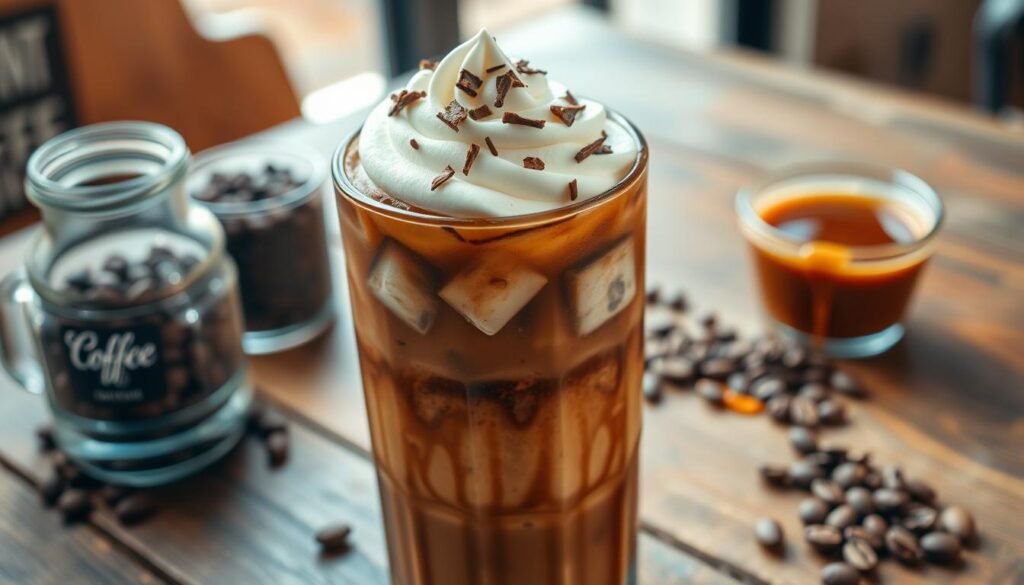 A beautifully crafted frozen coffee drink sits prominently in the foreground, filled with rich, dark iced coffee blended to a creamy smooth texture, topped with a generous swirl of whipped cream. Delicate chocolate shavings adorn the whipped cream, adding an artisanal touch. Ice cubes glisten, capturing light beautifully, suggesting freshness. In the middle ground, a clear glass jar filled with coffee beans and a small bowl of caramel sauce hint at the essential ingredients for making the perfect homemade blend. Soft natural light illuminates the scene, creating a warm and inviting atmosphere. The background features a rustic wooden table and a subtle hint of a coffee shop interior, enhancing the cozy feel. The image is shot from a high angle, delivering a unique perspective while highlighting the delicious details.