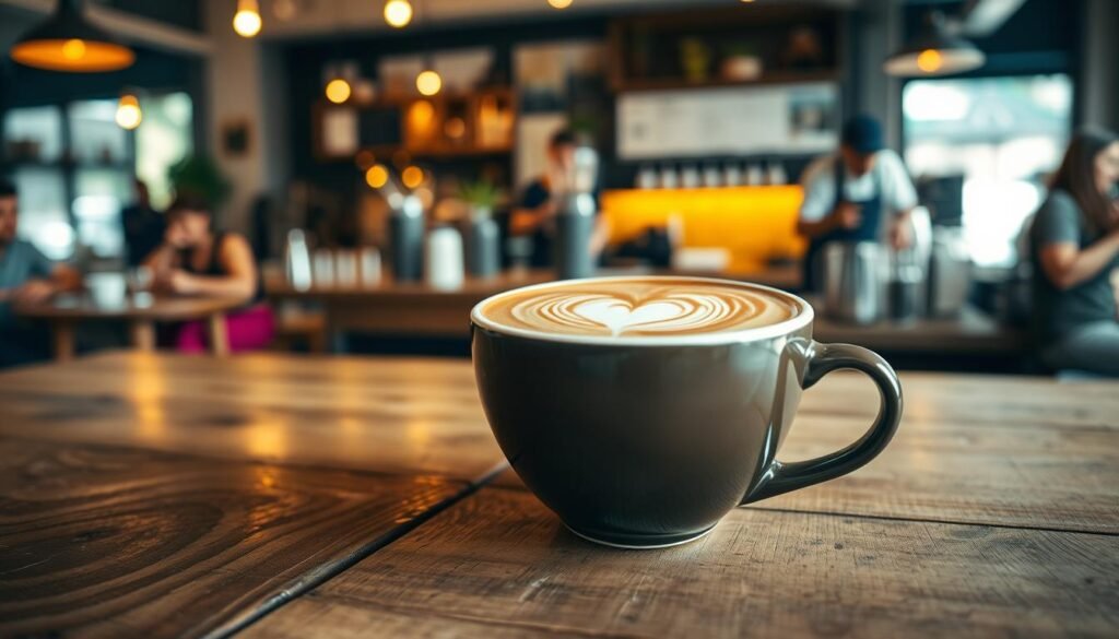 A beautifully crafted signature latte espresso in a sleek ceramic cup, resting on a rustic wooden table. The latte features delicate latte art forming a heart shape, showcasing creamy swirls and a rich espresso color. In the background, soft, warm lighting illuminates a cozy coffee shop ambiance, with blurred outlines of patrons enjoying their drinks, and a barista skillfully preparing beverages behind the counter. The scene conveys a welcoming atmosphere, evoking the comforting experience of indulging in a luxurious coffee moment. Capture the image from a slight angle to emphasize the creamy texture of the latte and the inviting decor around it.