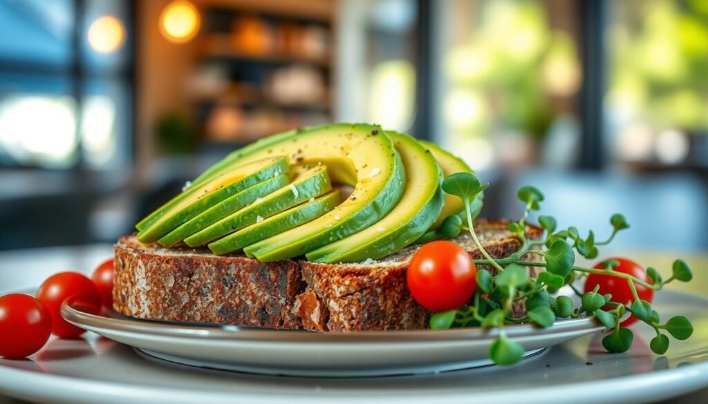 A beautifully plated avocado toast featuring perfectly ripe slices of avocado arranged artfully atop a thick slice of crusty whole-grain bread. Add a sprinkle of sea salt, freshly cracked black pepper, and a drizzle of high-quality olive oil for visual appeal. The scene captures bright and fresh ingredients, including vibrant cherry tomatoes and microgreens tucked alongside the toast for a pop of color. In the background, a softly blurred café setting with warm natural lighting streaming through a window, creating a cozy ambiance. The image should be shot from a slightly elevated angle, showcasing the texture of the bread and the creaminess of the avocado while evoking a wholesome and inviting atmosphere, designed for health-conscious food lovers.
