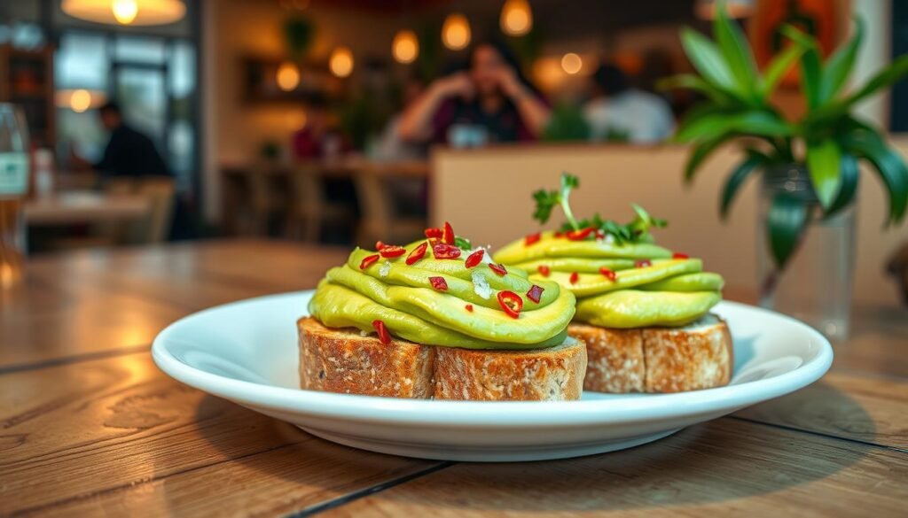 A beautifully presented plate of Dunkin Donuts avocado toast, featuring thick slices of toasted sourdough bread topped with a generous layer of creamy, ripe avocado. The avocado is artfully garnished with a sprinkle of bright red chili flakes, a dash of sea salt, and a few fresh microgreens for added color. In the foreground, the toast is centered on a rustic wooden table, capturing the breakfast appeal. The middle ground showcases a soft-focus background of a cozy café atmosphere with warm lighting, hinting at friendly patrons and lush indoor plants. The scene is shot with a shallow depth of field to enhance the toast's vibrant colors and textures, creating a warm and inviting ambiance perfect for a casual meal.