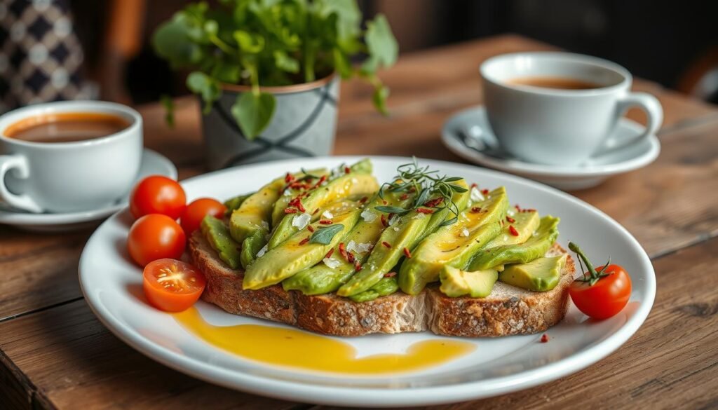 A beautifully presented plate of avocado toast as the focal point, placed on a rustic wooden table for a warm feel. The toast is generously topped with vibrant green avocado, delicately drizzled with olive oil and sprinkled with sea salt and chili flakes. Add a side of cherry tomatoes, sliced in half, and a few microgreens for a fresh touch. In the background, softly blurred café elements such as a steaming cup of coffee and a vibrant plant in a pot create a cozy atmosphere. Use natural lighting to enhance the texture and colors of the avocado, emphasizing the creamy consistency and the crunch of the bread. Capture the scene from a slight overhead angle to provide depth and inviting aesthetics.