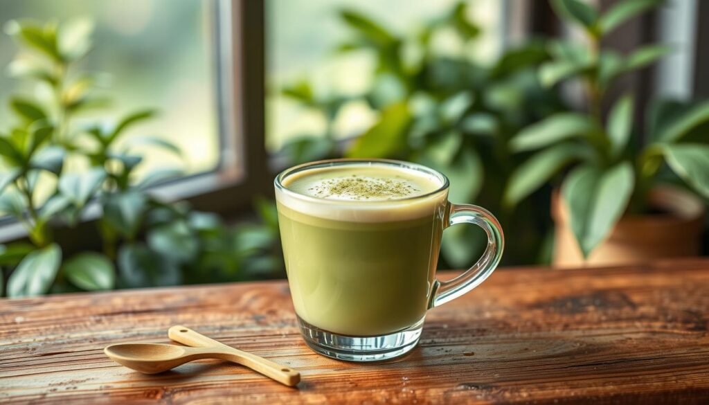 A beautifully styled matcha latte served in a clear glass cup, showcasing its vibrant green color and creamy froth. The latte is garnished with a delicate sprinkle of matcha powder on top, adding a touch of artistry. In the foreground, there is a small wooden spoon resting beside the cup, hinting at a warm, inviting café atmosphere. The middle layer features a rustic wooden table underneath, enhancing the organic feel. In the background, soft-focus greenery mimics a serene garden setting, complemented by gentle morning light streaming through a window, creating a calm and refreshing ambiance. The composition focuses on the latte, encapsulating the soothing and energizing qualities of matcha.