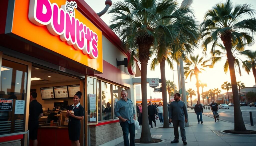 A brightly lit Dunkin’ Donuts storefront in Jacksonville, Florida, during early morning hours. The foreground features a welcoming entrance, showcasing the iconic orange and pink signage, along with clean outdoor seating. Friendly staff in professional uniforms are seen preparing coffee and pastries at the entrance, with a cheerful customer in modest casual clothing holding a donut. In the middle ground, a clear view of the bustling store interior reveals customers enjoying their morning beverages. The background exhibits a sunlit streetscape, with palm trees swaying slightly in the breeze and other nearby businesses, evoking a sense of community and convenience. The angle captures the inviting atmosphere, with vibrant colors and a soft-focus effect enhancing the warm, friendly mood of the scene.