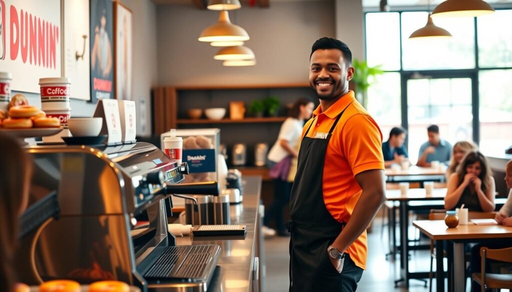 A busy Dunkin' Donuts crew member stands confidently at the front counter, engaging with a friendly smile. The crew member, wearing a bright orange Dunkin' branded polo shirt and a black apron, is preparing a fresh coffee while assisting a customer. In the foreground, there's a gleaming espresso machine and an arrangement of colorful donuts on display. The middle ground features a cozy, modern café interior with warm lighting and wooden furniture, contributing to a welcoming atmosphere. The background shows customers seated, enjoying their beverages, framing the vibrant activity of the workplace. Soft, natural light pours in through large windows, giving the scene an inviting, cheerful ambiance, ideal for illustrating teamwork and customer service in a fast-paced environment.