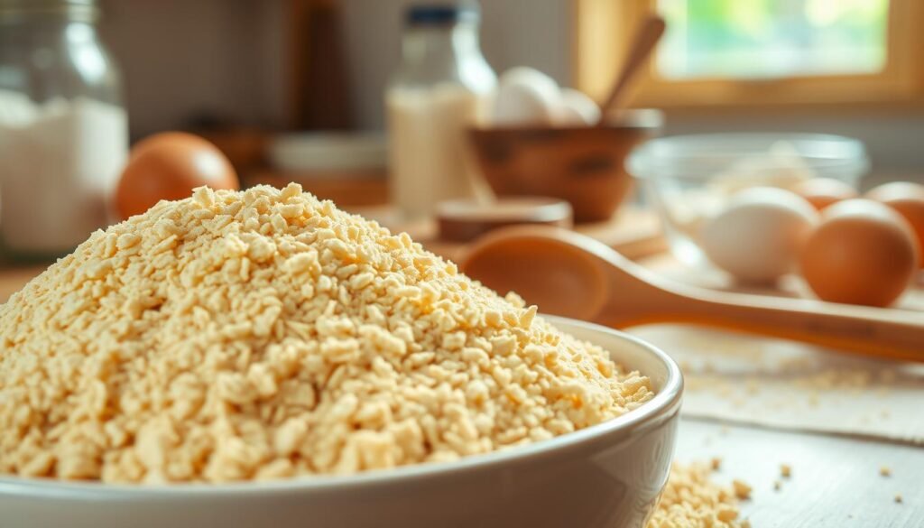 A close-up of a bowl of gluten, showcasing its sandy texture and subtle sheen. The foreground features grains of gluten spilling slightly out of the bowl, highlighting the material’s unique properties. In the middle ground, a wooden spoon rests beside the bowl, suggesting a hands-on cooking process. The background includes a softly blurred kitchen countertop with ingredients like flour and eggs, bathed in warm, natural light filtering through a nearby window. The scene exudes a welcoming and informed atmosphere, ideal for discussing dietary needs. The lighting emphasizes the textures, creating a sense of warmth and approachability, suitable for a thoughtful culinary setting.