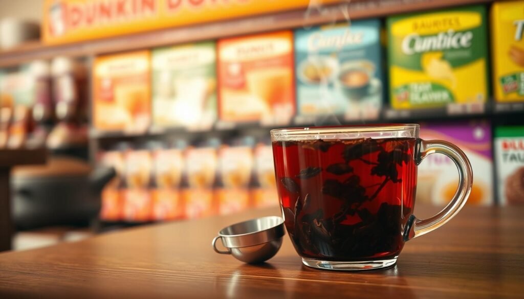 A close-up of a steaming cup of black tea, elegantly placed on a wooden table. The foreground highlights the intricate details of the tea leaves swirling in the rich amber liquid, with gentle wisps of steam rising, catching the soft morning light. In the middle, a small silver tea infuser rests beside the cup, hinting at freshness and flavor. The background features a blurred bakery display, showcasing Dunkin Donuts tea options alongside various grocery store brands, subtly suggesting a comparison. The lighting is warm and inviting, creating a cozy atmosphere. The image is captured with a shallow depth of field, enhancing the intimacy and focus on the black tea.