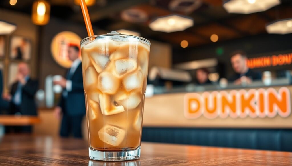 A close-up shot of a refreshing iced coffee in a clear glass filled with ice cubes, showcasing its rich brown color with a creamy swirl on top. The glass should be placed on a wooden table, highlighting its texture. In the background, there's a blurred coffee shop atmosphere with warm lighting, hints of Dunkin Donuts branding, and blurred figures of people enjoying their drinks in professional business attire. The lighting should be soft and natural, enhancing the drink's appeal, with a shallow depth of field to focus on the iced coffee. The mood is inviting and casual, appealing to coffee lovers comparing options among different chains.