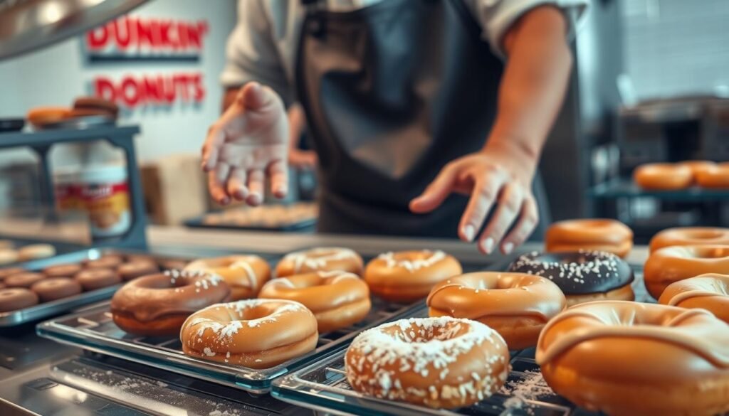 A close-up view of a Dunkin’ Donuts counter showcasing a variety of fresh donuts displayed on glass trays, with a focus on how cross-contamination might occur. In the foreground, a bakery worker in a professional apron is seen handling donuts, while their hands are slightly dusted with flour, emphasizing the potential risk. In the middle ground, the trays contain different flavors, with some donuts sitting next to allergy-prone items like peanut butter spread. The background features a bright and clean kitchen environment, with soft lighting highlighting the textures of the donuts. The overall atmosphere should be serious yet informative, reflecting the importance of allergen awareness in food preparation.