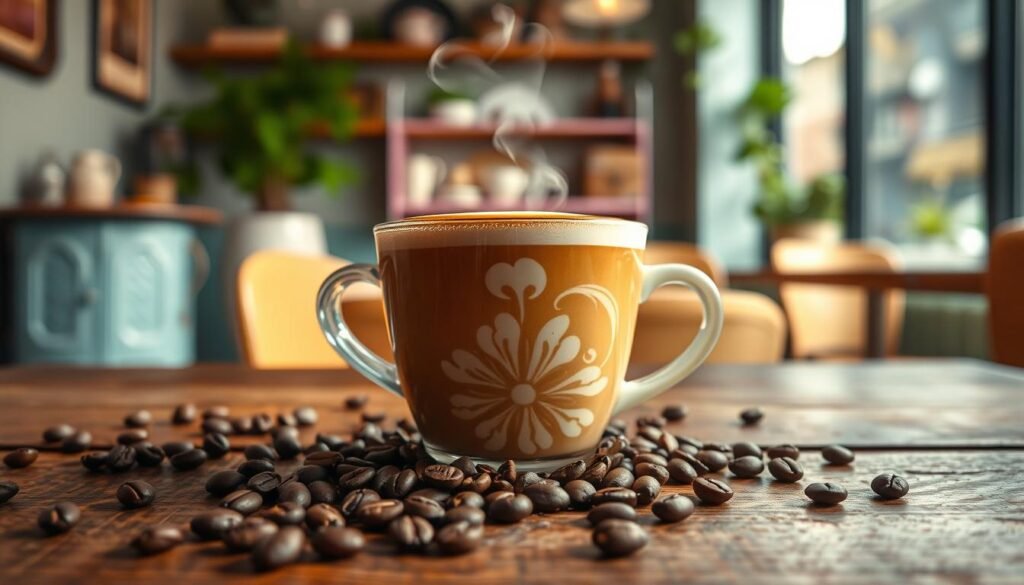 A close-up view of a beautifully crafted cup of coffee, steam wafting upwards, set on a rustic wooden table. The cup is adorned with intricate latte art, showcasing floral patterns. In the foreground, scattered coffee beans provide texture and warmth. The middle of the image features a cozy café setting, with a blurred background of soft pastel colors, vintage décor, and plants, suggesting a welcoming atmosphere. The lighting is warm and inviting, creating a glow that highlights the richness of the coffee, evoking a sense of comfort. The scene evokes a relaxing morning ritual, perfect for illustrating the variety of drinks available at Dunkin Donuts.