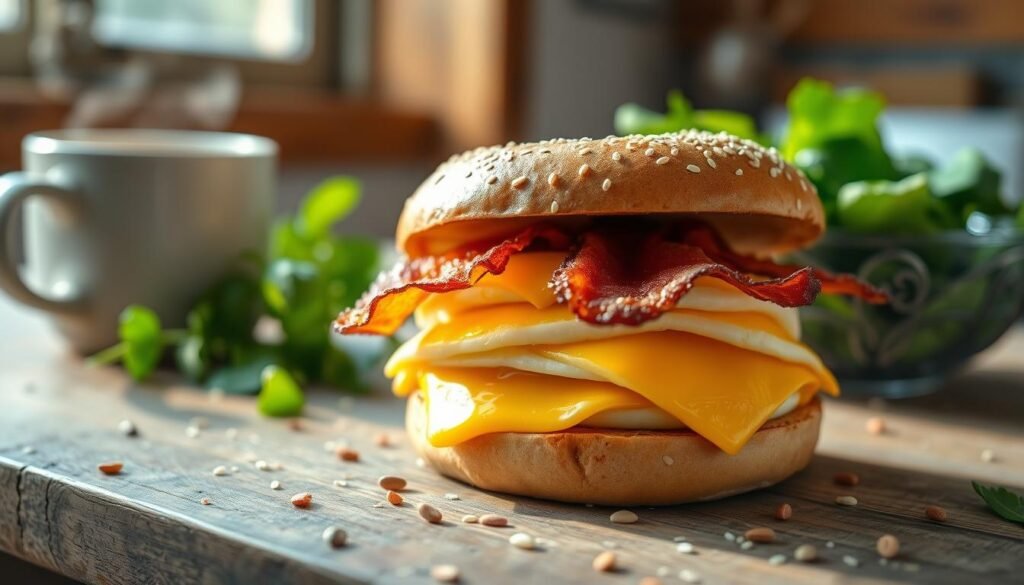 A close-up view of a delectable breakfast sandwich featuring a lightly toasted bagel with a golden, fluffy egg patty, strips of crispy bacon, and melted cheese oozing from between layers. Set the sandwich on a rustic wooden table, sprinkled with sesame seeds and sunflower seeds to enhance visual appeal. In the background, softly blurred, a steaming cup of coffee and a fresh green salad add to the breakfast theme. Natural morning light cascades in from a window, casting gentle shadows to create a warm and inviting atmosphere. Use a shallow depth of field to focus sharply on the sandwich while keeping the background elements softly out of focus, emphasizing the deliciousness of the meal. The overall mood should feel fresh and appetizing, perfect for anyone considering breakfast options.