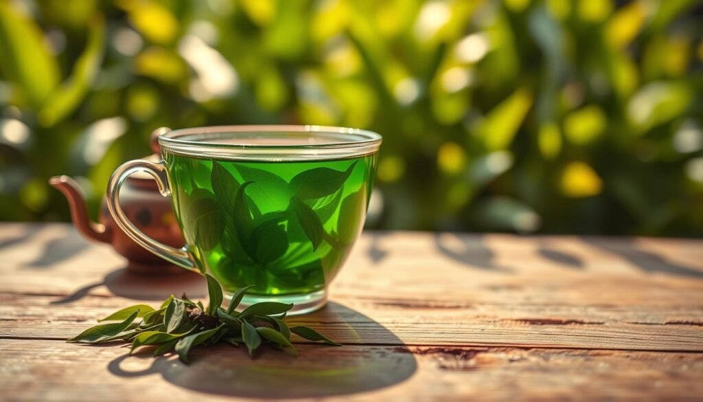 A close-up view of a delicate, freshly brewed cup of Harmony Leaf Green Tea resting on a rustic wooden table. The tea has a vibrant green hue, infused with subtle hints of sunlight filtering through the leaves, creating a glowing emerald effect. In the foreground, a few loose green tea leaves are scattered artistically alongside a small, elegant teapot. The middle ground showcases a blurred background of soft, leafy plants, giving a sense of tranquility and natural beauty. Warm, natural light illuminates the scene, enhancing the serene atmosphere, with a shallow depth of field that focuses on the tea cup while gently softening the edges. The overall mood conveys relaxation and harmony, perfectly embodying the essence of Harmony Leaf Green Tea.