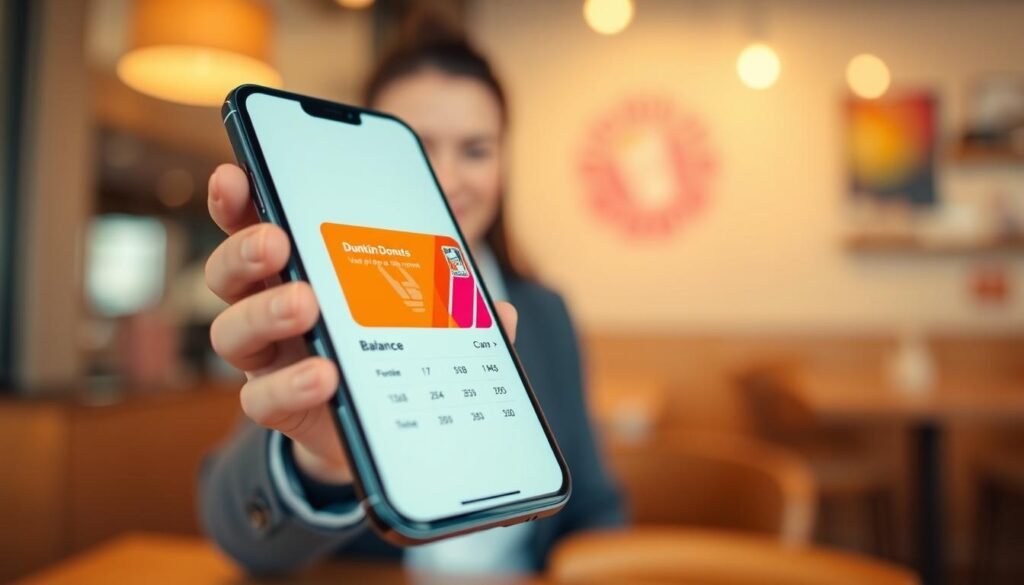 A close-up view of a sleek smartphone displaying a digital Dunkin Donuts gift card balance. In the foreground, the phone screen is illuminated, showing a clear balance summary with vibrant colors reflecting Dunkin's branding. In the middle ground, a hand in professional attire gently holds the phone, symbolizing the user managing their digital account. The background features a cozy café setting, blurred slightly to draw focus to the phone, with warm lighting creating an inviting atmosphere. The overall mood should feel friendly and efficient, emphasizing the convenience of managing digital funds. Use a soft-focus lens effect to enhance the inviting ambiance, capturing a sense of modern digital interaction.