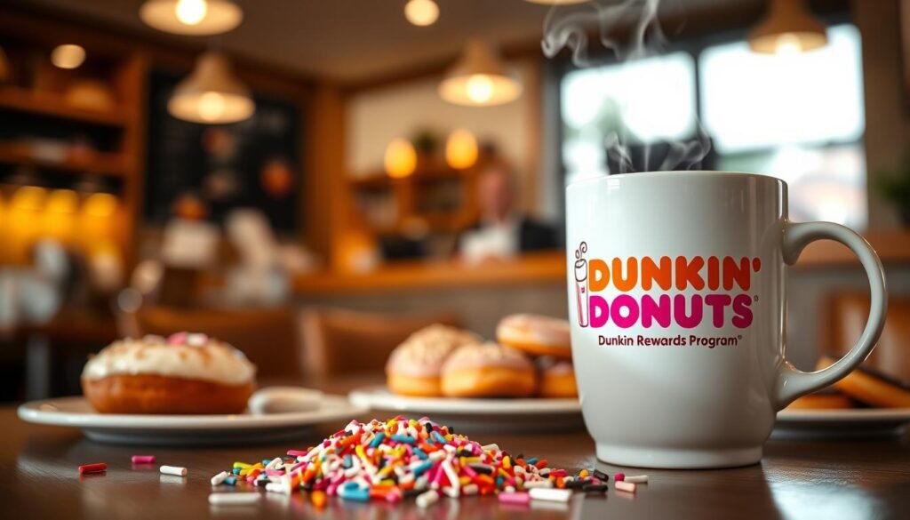 A close-up view of a steaming cup of coffee with a vibrant Dunkin' Donuts logo prominently displayed on a white ceramic mug, showcasing rich, aromatic coffee swirling with cream. In the foreground, a sprinkle of colorful donut sprinkles scattered around the cup, capturing the essence of Dunkin's treats. The middle ground features a small plate with an assortment of donuts, each with a distinct frosting and toppings, arranged enticingly. In the background, a cozy coffee shop interior, softly illuminated with warm, inviting lighting. The atmosphere is friendly and welcoming, enhancing the feeling of value and comfort associated with the Dunkin Rewards Program. The focus is sharp on the coffee and donuts, with a gentle blur effect on the background, creating a sense of depth and warmth.