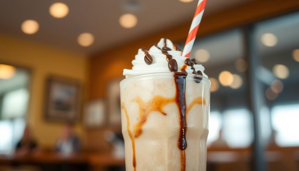 A close-up view of a tall, clear cup filled with a rich, creamy Dunkin Donuts frozen coffee drink, showcasing its slushy texture. The ice is finely blended, creating a smooth consistency topped with a swirl of whipped cream and a drizzle of chocolate syrup. In the foreground, a colorful straw protrudes, inviting the viewer to enjoy the drink. The middle ground features a subtle splash of coffee beans to emphasize the beverage's rich flavor. The background blurs into a warm café setting, with soft lighting casting a cozy glow, enhancing the inviting atmosphere. A shallow depth of field with a slight bokeh effect adds a soft focus to the background, directing attention to the frozen coffee as the star of the image.
