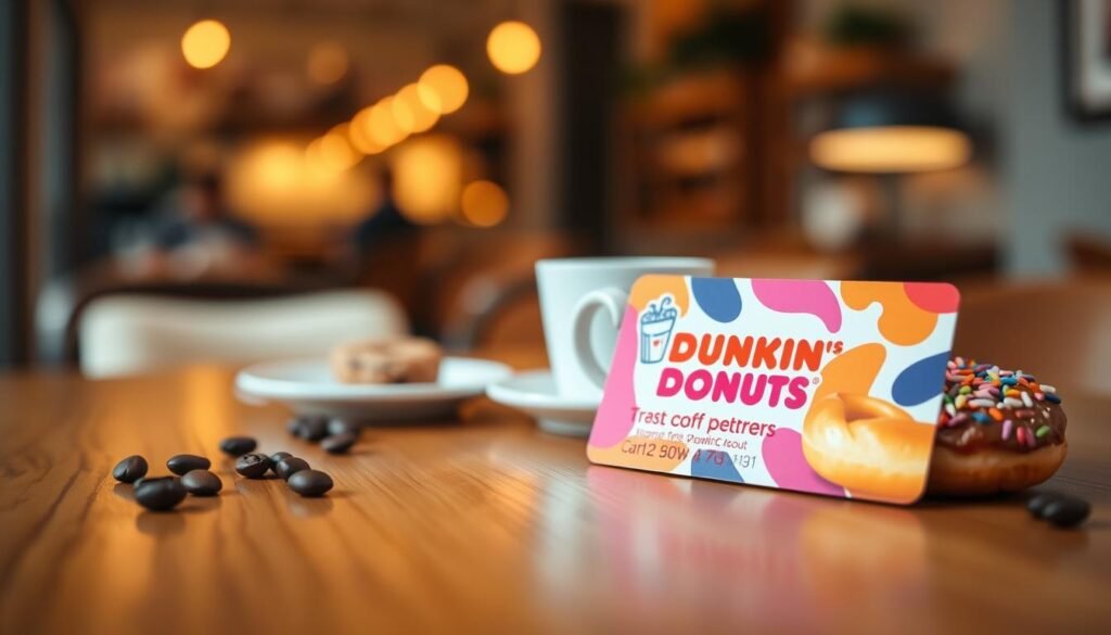 A close-up view of a vibrant Dunkin' Donuts gift card placed on a stylish wooden table. The foreground features the card prominently displayed, showcasing its colorful design, with the card number and PIN subtly highlighted but not legible. The middle ground includes a small coffee cup filled with a warm beverage, a donut with colorful sprinkles, and a few coffee beans scattered around, enhancing the Dunkin' theme. The background is softly blurred, capturing a cozy café ambiance with soft, warm lighting that emanates from a nearby window, creating a welcoming atmosphere. The depth of field should highlight the gift card while maintaining focus on the associated delicious products, evoking feelings of comfort and indulgence.