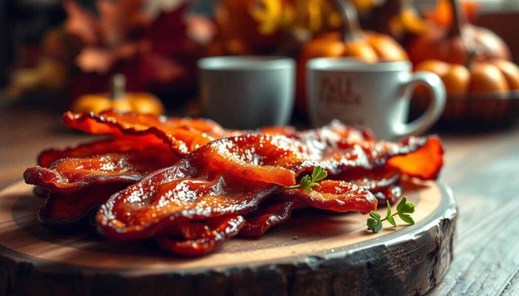 A close-up view of crispy maple sugar bacon on a rustic wooden plate, glistening with a sweet glaze that reflects warm, ambient lighting. In the foreground, the bacon strips are beautifully arranged with a few fresh herbs scattered around for color contrast. The middle ground features a soft-focus coffee cup, hinting at the cozy atmosphere of a fall-themed café. The background is subtly blurred, showcasing seasonal decorations like autumn leaves and pumpkins, creating a warm, inviting autumn ambiance. Utilize natural light to enhance the rich, caramel tones of the bacon and create a mouth-watering visual appeal that evokes comfort and indulgence. The camera should be at a slight angle to add depth to the composition.