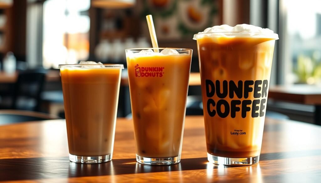 A close-up view of three distinct coffee sizes: small, medium, and large iced coffees from Dunkin Donuts, arranged on a wooden table. The small cup is on the left, with a simple, clear design, filled with a light brown iced coffee, ice cubes glistening. The medium cup is in the center, slightly taller, showcasing a rich caramel color, adorned with a whimsical straw. The large cup is on the right, the biggest of the trio, with bold branding and a generous foam top, reflecting sunlight. Soft, natural lighting hits from the left, creating gentle shadows, highlighting the textures of the cups and the refreshing nature of the iced coffee. A blurred café setting serves as the background, evoking a cozy, inviting atmosphere.