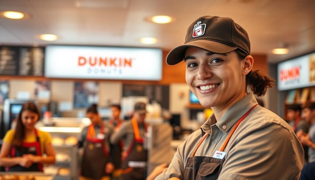 A confident and professional Dunkin Donuts employee stands at the forefront, wearing a well-fitted Dunkin cap and a smart uniform, engaging with a smiling customer. In the middle ground, a bustling cafe with warm lighting, showcasing busy team members preparing donuts and coffee, highlighting teamwork and collaboration. The background features a vibrant Dunkin Donuts shop, complete with colorful product displays and customers enjoying their beverages. The scene is illuminated by soft, inviting ceiling lights, creating a cozy yet energetic atmosphere that reflects the company's commitment to professional growth and teamwork. The composition is framed using a slightly elevated angle to capture both the employee's engagement and the dynamic environment, embodying a sense of positivity and advancement in the workplace.