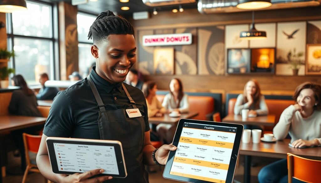 A cozy Dunkin' Donuts shop interior, with a warm and inviting atmosphere. In the foreground, a friendly barista in a professional Dunkin' uniform is engaging with a customer, showcasing a flexible schedule on a tablet, displaying various shift options. In the middle, cheerful patrons enjoy coffee and pastries at comfortable tables, some discussing their work-life balance. The background features stylish décor, large windows letting in soft, natural lighting that creates a welcoming glow. The image captures a sense of community and harmony, emphasizing teamwork and flexibility in scheduling. The lens should be slightly wide-angle to include the bustling yet relaxed ambiance, filled with warm colors to evoke a positive, friendly environment.