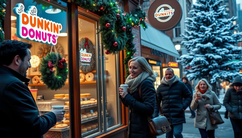 A cozy Dunkin' Donuts storefront adorned with festive Christmas decorations, including colorful lights and a large holiday wreath on the door. In the foreground, a friendly barista in a Dunkin' uniform is cheerfully serving a hot cup of coffee to a customer dressed in a winter coat and muffler. The middle ground features a festive display of holiday-themed donuts in the shop window, and the busy street outside is blanketed with a light dusting of snow, with cheerful pedestrians bundled up and enjoying the holiday atmosphere. Soft, warm lighting appears to glow from within the shop, creating an inviting ambiance. A snow-covered pine tree can be seen in the background, enhancing the holiday spirit. The overall mood is warm, inviting, and festive, perfect for the Christmas season.