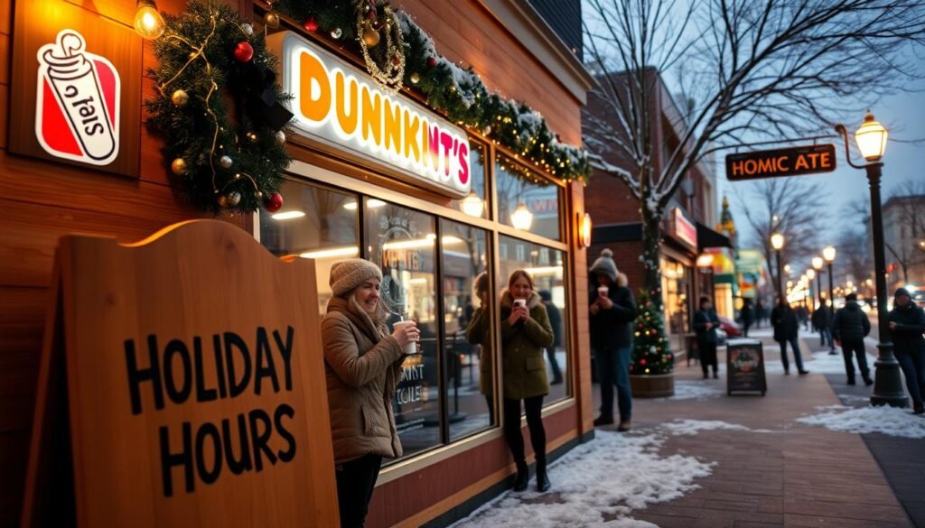 A cozy Dunkin' Donuts storefront during the holiday season, adorned with festive decorations like twinkling lights and a wreath, situated in a bustling shopping district. In the foreground, a wooden sign prominently displays "Holiday Hours" with an inviting design. The middle ground features cheerful customers in modest winter clothing, enjoying hot beverages while peering through the large glass windows. In the background, a snowy evening sky casts a warm glow from street lamps, enhancing the festive atmosphere. Soft, ambient lighting highlights the scene, evoking feelings of joy and togetherness. The camera angle is slightly elevated, capturing both the sign and the activity around the store, inviting viewers to experience the holiday spirit.