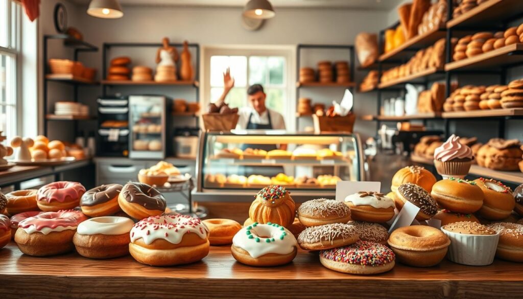 A cozy bakery scene featuring an inviting display of fresh pastries and baked goods. In the foreground, a wooden counter is adorned with a colorful array of donuts, croissants, and muffins, showcasing their delightful textures and vibrant icing. The middle ground reveals a glass showcase filled with assorted treats, illuminated by soft, warm lighting that creates a welcoming atmosphere. In the background, shelves lined with artisanal bread and pastries add depth, while a friendly baker in a professional apron interacts with customers, embodying a sense of community. The scene is bathed in natural light coming from a large window, enhancing the warm and inviting ambiance of this charming bakery. The overall mood is cheerful and nostalgic, inviting viewers to indulge in a delightful breakfast experience.