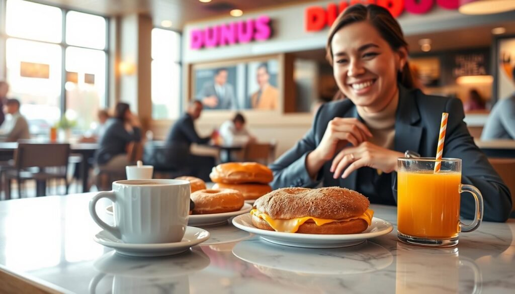 A cozy breakfast scene showcasing a Dunkin Donuts menu, with a beautifully arranged table featuring various breakfast items like a steaming coffee, a selection of donuts, a freshly made breakfast sandwich, and orange juice. In the foreground, a person in professional business attire enjoys the meal, smiling contentedly, reflecting the delightful morning atmosphere. The middle of the image shows the spread of food, showcasing vibrant colors and textures, illuminated by the soft, warm glow of natural sunlight coming from a nearby window. In the background, there’s a glimpse of a busy Dunkin Donuts café, with customers chatting and enjoying their breakfasts, creating a lively and inviting ambiance. The shot is taken at eye level with a subtle depth of field, focusing on the food and the person while softly blurring the surroundings to enhance the mood of a bustling morning.