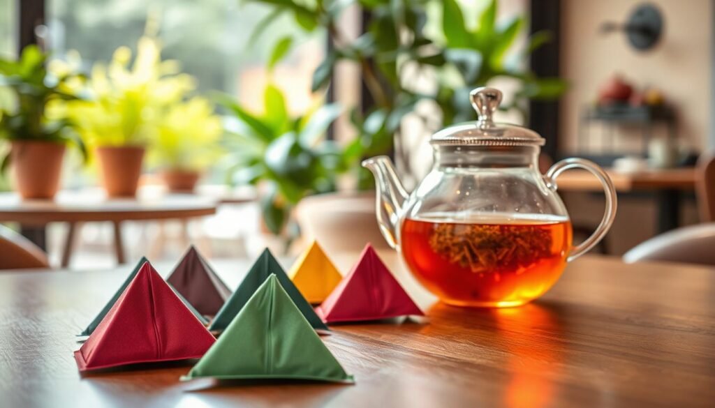 A cozy, inviting scene featuring an assortment of pyramid tea sachets displayed artistically. In the foreground, a few sachets in vibrant colors are arranged on a polished wooden table, with a subtle sheen reflecting soft, warm lighting. Transitioning to the middle ground, a beautiful glass teapot is filled with freshly brewed tea, showcasing the infusion process. Delicate steam wafts upwards, contributing to a sense of warmth and comfort. The background includes a softly blurred view of a picturesque café setting, filled with lush green plants and tasteful décor. The overall mood is calm and serene, evoking a sense of appreciation for high-quality tea. The image is captured with a shallow depth of field, emphasizing the luxurious details of the tea sachets and teapot.
