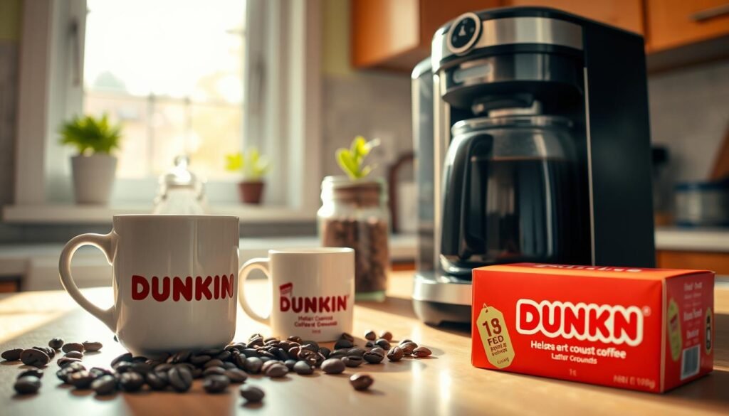 A cozy kitchen scene showcasing the brewing of Dunkin coffee at home. In the foreground, a sleek coffee maker gently steams as rich, dark coffee drips into a ceramic mug adorned with the Dunkin logo. A scattering of coffee beans and a vibrant red Dunkin box filled with assorted donuts lay beside the coffee maker. In the middle, a sunlit countertop with a fresh jar of Dunkin coffee grounds opens, releasing a rich aroma, while a small potted plant adds a touch of greenery. The background features a window with soft, natural light filtering in, illuminating the space and creating a warm, inviting atmosphere. The scene conveys a homely and comforting mood, inviting viewers to enjoy the ritual of brewing Dunkin coffee at home.