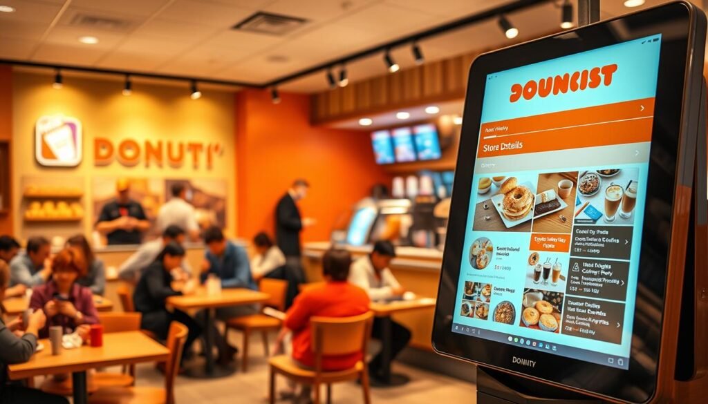 A detailed and inviting view of a Dunkin’ Donuts store interior showcasing a digital directory displaying store details. In the foreground, a modern touchscreen kiosk with a user-friendly interface, reflecting bright lighting, labeled buttons, and vibrant imagery of donuts and coffee options. In the middle, a cozy seating area filled with diners enjoying their drinks, some engaged in conversations, while others browse on their devices. The background features a bright, welcoming counter with baristas in professional attire preparing beverages, surrounded by colorful displays of merchandise. The lighting is warm and inviting, enhancing the friendly atmosphere, captured in a slightly elevated angle to convey depth and context, ensuring a clear sense of space and accessibility.