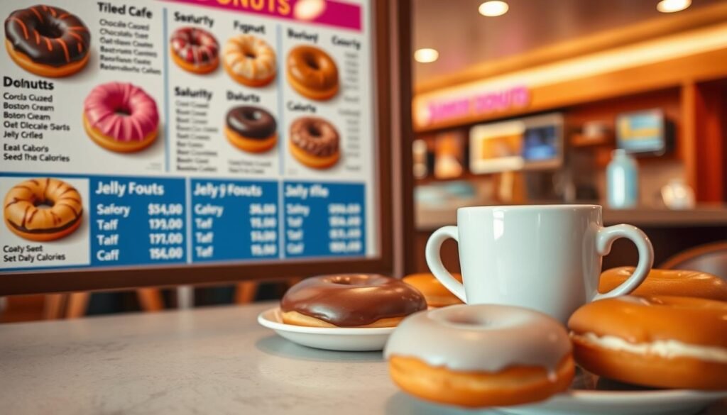 A detailed display of a Dunkin' Donuts menu focusing on calorie counts for various donuts and beverages. The foreground features a beautifully arranged menu board with colorful images of donuts, illustrating a variety of flavors like chocolate glazed, Boston cream, and jelly-filled, all accompanied by their calorie information. In the middle ground, an inviting coffee cup and a plate of donuts are positioned, showcasing the rich textures and colors of the donuts against a neutral table surface. The background includes subtle hints of a cozy Dunkin' Donuts shop, with soft, warm lighting illuminating the scene, creating an atmosphere of comfort and indulgence. The overall mood is friendly and inviting, perfect for health-conscious customers making informed choices.