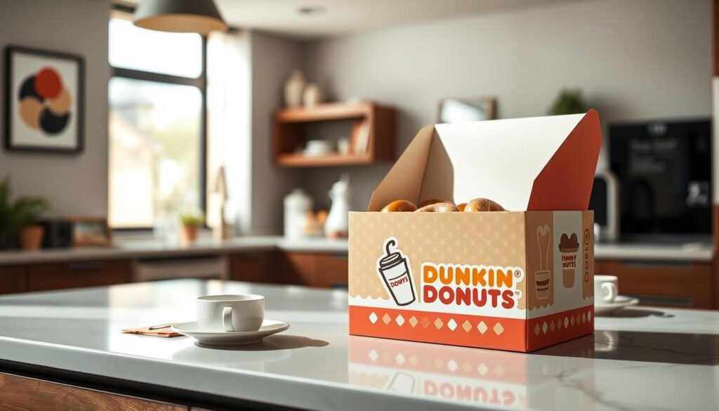 A detailed order delivery box prominently displayed in the foreground, showcasing the iconic Dunkin' Donuts branding with vibrant colors and attractive design elements. The box is slightly open, revealing an assortment of delicious donuts and beverages neatly arranged inside, enticing and inviting. In the middle ground, a clean, stylish kitchen countertop provides an elegant setting, decorated with minimalistic coffee cups and napkins, enhancing the catering theme. The background features a softly blurred image of a cafe interior, creating a warm atmosphere. Natural, diffused sunlight streams through a window, casting gentle shadows that add depth. Capture this scene with a shallow depth of field to focus on the delivery box, emphasizing its significance in the catering experience, creating a mood of anticipation and satisfaction.