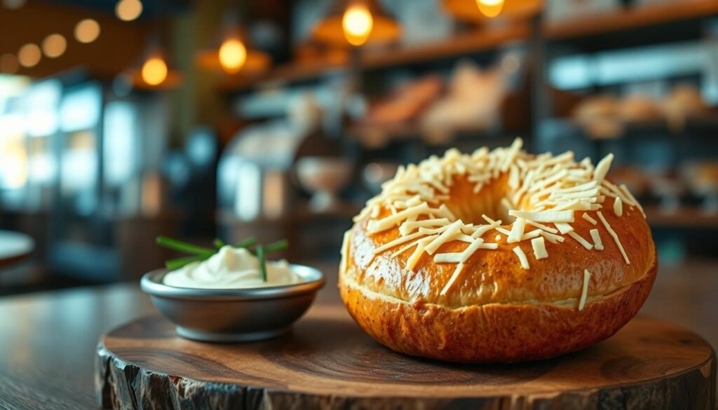 A freshly baked bagel with a golden-brown crust topped with generous shreds of white cheddar cheese, melting slightly at the edges. The foreground features the bagel cut in half, revealing a soft, chewy interior with a slightly glossy sheen, placed on a rustic wooden board. In the middle ground, a small dish of cream cheese sits alongside, garnished with fresh chives. The background shows a softly blurred café setting with warm ambient lighting, creating a cozy atmosphere, accentuated by subtle hints of glistening coffee mugs and pastry displays. The image captures a delightful, inviting feel, encouraging a sense of comfort and indulgence, ideal for anyone interested in a bakery treat.