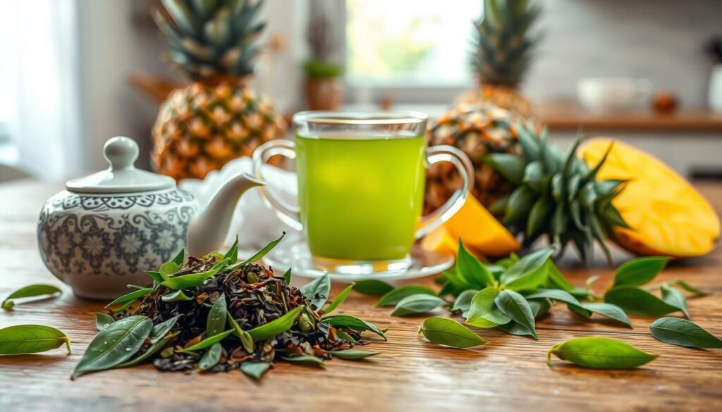 A harmonious arrangement of green tea ingredients artfully displayed on a wooden table. In the foreground, fresh green tea leaves glisten with morning dew, their vibrant green contrasting with a small pile of dried tea leaves beside a decorative ceramic tea pot. The middle ground features a delicate glass cup filled with brewed green tea, steam rising gently, against a backdrop of crushed ice, mango chunks, and pineapple slices, highlighting the refreshing aspect of the ingredients. In the background, soft diffused lighting creates a warm atmosphere, suggesting morning light filtering through a kitchen window. The overall mood is inviting and fresh, emphasizing the essence of green tea's core ingredients.