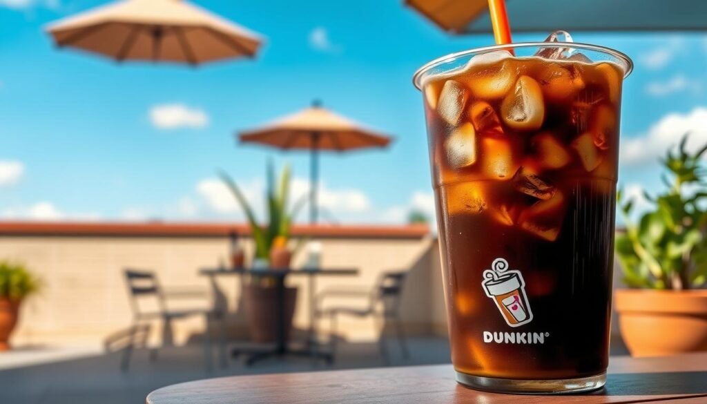 A large, 48-ounce bucket of iced coffee sits prominently in the foreground, filled to the brim with rich, dark coffee and ice cubes glistening under a soft sunlight. The cup features the iconic Dunkin' Donuts logo, making it instantly recognizable. In the middle ground, a stylish outdoor café setting can be seen, with comfortable seating and potted plants, inviting patrons to enjoy their iced beverage. The background showcases a bright blue sky with a few fluffy clouds, enhancing the refreshing atmosphere of a warm day. The image captures a warm and inviting vibe, conveying the appeal of indulgence and refreshment that comes with a large iced coffee. The lighting is natural and soft, emphasizing the delicious texture and allure of the coffee bucket.