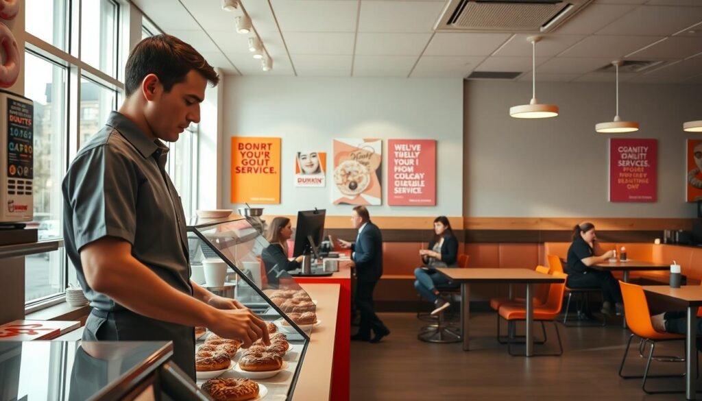 A modern quick-service restaurant environment showcasing Dunkin' Donuts brand standards. In the foreground, an employee dressed in a crisp Dunkin' uniform is expertly preparing coffee and donuts, embodying professionalism. The middle layer includes a clean, well-organized counter displaying various pastries and drinks, with the Dunkin' logo prominently featured. The background reveals a welcoming dining area with cheerful customers enjoying their orders, bright orange and pink decor elements, and motivational posters about quality service. Soft, natural lighting filters through large windows, creating a warm and inviting atmosphere. The angle captures the dynamics of the restaurant, emphasizing efficiency and adherence to brand standards in a bustling yet friendly environment, reflecting the essence of quick service and quality.
