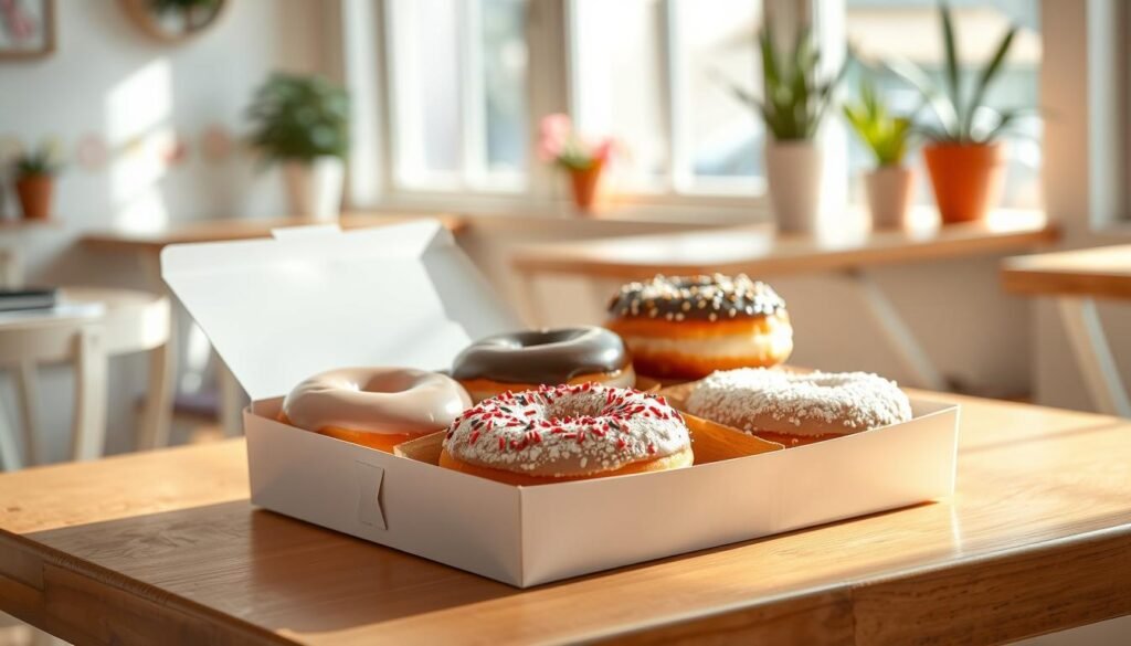A mouth-watering half dozen assorted donuts arranged appealingly in a bright, cheerful bakery setting. The foreground features a sleek, white cardboard box slightly open, showcasing six fluffy donuts with various toppings—glazed, chocolate-frosted, sprinkles, and powdered sugar. The middle ground shows a cozy cafe table with a warm wooden surface, where the box rests. In the background, soft, natural light streams in through a window, casting gentle shadows that enhance the inviting atmosphere. A hint of pastel decor can be seen on the walls, with potted plants adding a fresh touch. The overall mood is joyful and inviting, perfect for encouraging a sweet treat choice.