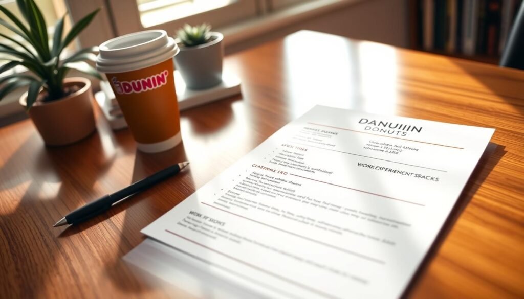 A neatly arranged resume on a polished wooden desk, focused on the top section that highlights work experience and skills. In the foreground, a well-organized resume with bullet points and a clean layout, alongside a pen and a cup of coffee from Dunkin Donuts, suggesting a casual yet professional setting. The middle ground features soft natural light filtering through a nearby window, casting gentle shadows. In the background, blurred elements of a cozy office space, including a plant and a few books on a shelf, enhancing the atmosphere of preparation and professionalism. The overall mood is encouraging and motivational, emphasizing readiness for job applications, specifically related to Dunkin Donuts.