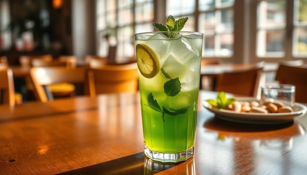 A refreshing glass of iced green tea sits on a polished wooden table, filled to the brim with ice cubes that glisten in the sunlight. The green tea is a vibrant, translucent jade color, adorned with thin slices of lemon and fresh mint leaves floating on top. The foreground features a gentle condensation on the sides of the glass, emphasizing its chill. In the middle ground, there are delicate details of tea leaves and a small plate with gluten-free snacks, like almonds and fruit, hinting at safe beverage options. The background reveals a softly blurred café setting with natural light filtering through large windows, creating a warm, inviting atmosphere. The overall mood is refreshing and serene, ideal for enjoying a mindful moment.