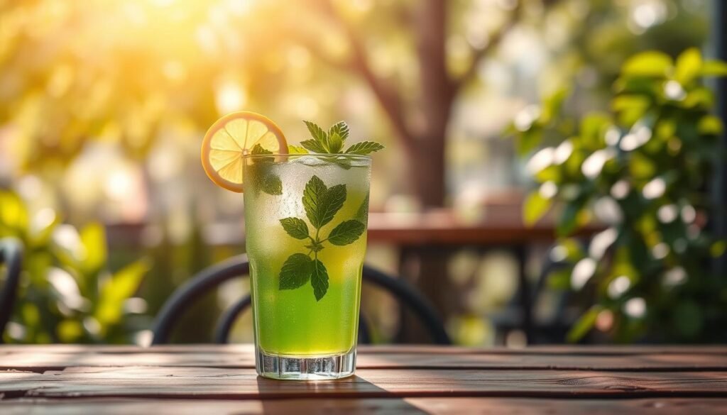 A refreshing glass of iced green tea sitting on a rustic wooden table, garnished with fresh mint leaves and a slice of lemon. The glass is filled with vibrant green tea, glistening with condensation, symbolizing coolness and refreshment. In the background, soft-focus hints of a sunny outdoor café setting can be seen, with dappled sunlight filtering through lush green foliage, creating a warm and inviting atmosphere. The image should be captured with a shallow depth of field to emphasize the glass upfront while softly blurring the background. Highlight the natural colors of the tea and garnishes, suggesting a refreshing experience, perfect for a warm day.