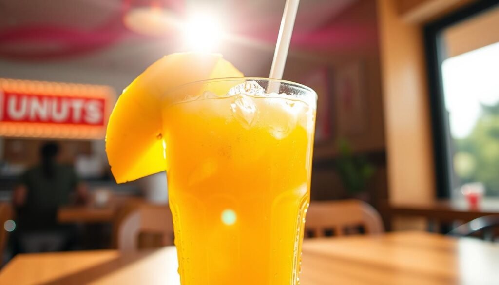 A refreshing mango pineapple drink in a clear, ice-filled glass, adorned with vibrant slices of fresh mango and pineapple on the rim. Sunlight filters through, casting a warm glow on the drink, emphasizing its bright yellow-orange hue. The foreground features droplets of condensation on the glass, highlighting a cool, thirst-quenching feel. In the background, a subtle blur of a Dunkin' Donuts café setting can be seen, with hints of the brand's signature colors. The overall atmosphere is inviting and summery, evoking a sense of refreshment and joy. The image captures the essence of a delicious summer beverage, perfect for energizing moments. The composition should focus on a slightly elevated angle, showcasing the drink's colorful ingredients while maintaining a clean and professional aesthetic.